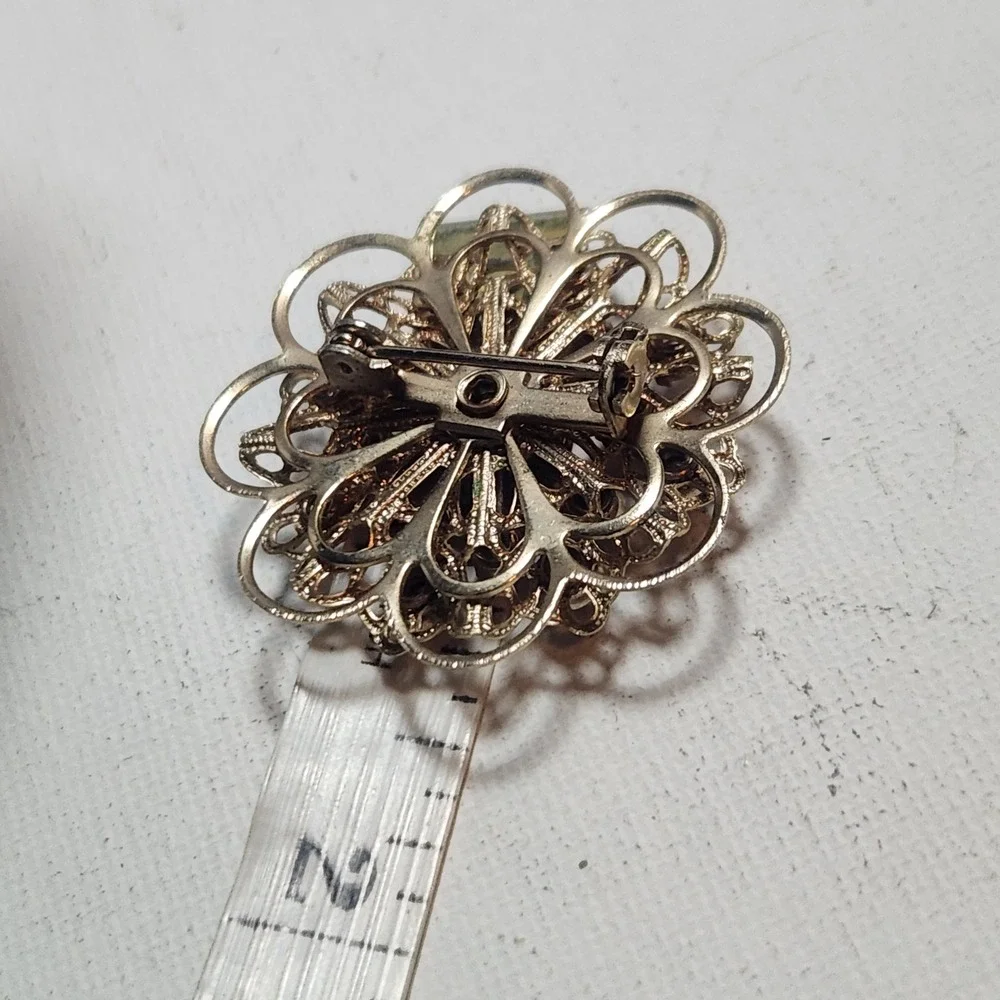 Vintage Gold Tone Filigree Pink Rhinestone Flower Brooch Pin Floral Statement‎